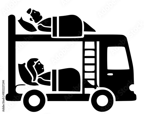 A mobile hotel on wheels. Passengers sleep on bunk beds on the bus.