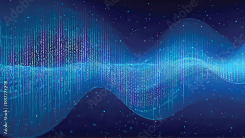 Abstract digital image depicting data visualization with flowing wave patterns and a dark blue background.