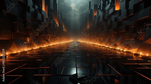 A futuristic corridor lined with dark metallic structures and glowing orange accents, creating a mysterious atmosphere.
