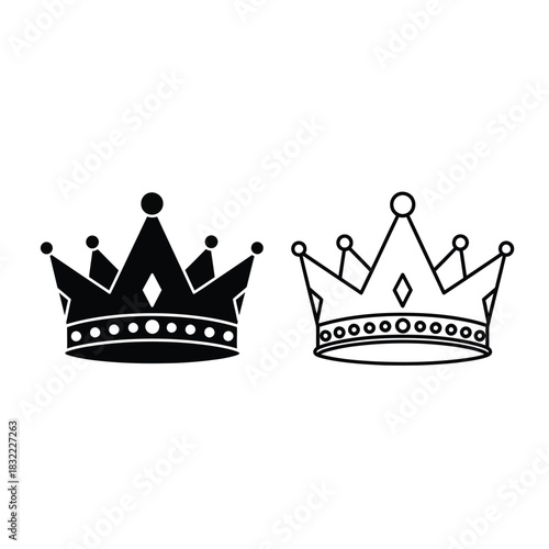 Two crown illustrations black silhouette and outline style isolated on white
