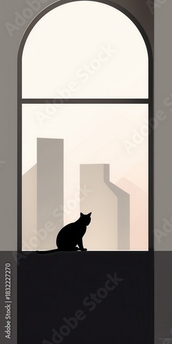 A silhouette of a black cat sitting on a windowsill, overlooking a minimalist cityscape at dusk.