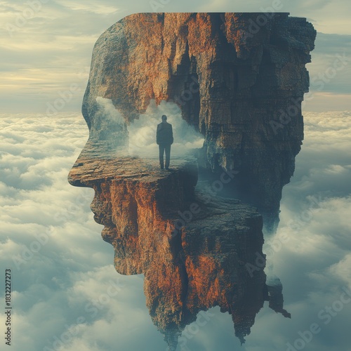 A silhouette of a man standing on a cliff, merging with a rocky landscape in a dreamlike, ethereal scene.