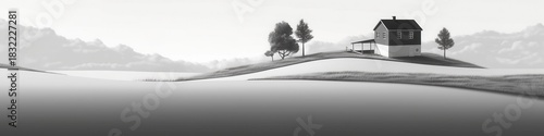 A serene black and white landscape featuring a solitary house on a hill amidst gentle rolling fields and distant mountains.