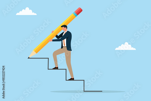 Vector illustration of a businessman climbing steps he draws himself, representing personal growth, ambition, and building progress through effort and vision
