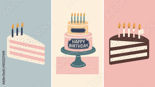 Birthday cake illustration set with candles, icing layers and celebratory pastel dessert graphics