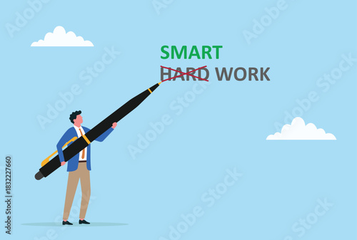 Vector illustration of a businessman replacing hard work with smart work, symbolizing strategic thinking, efficiency, and choosing smarter approaches for better productivity and success
