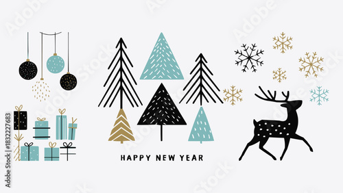 Minimal Christmas and New Year illustration with gifts, ornaments, trees, snowflakes and reindeer
