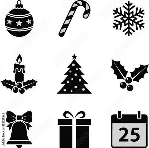 Christmas holiday icons set, festive symbols collection, winter celebration elements, black and white seasonal graphics, December theme - flat vector illustration