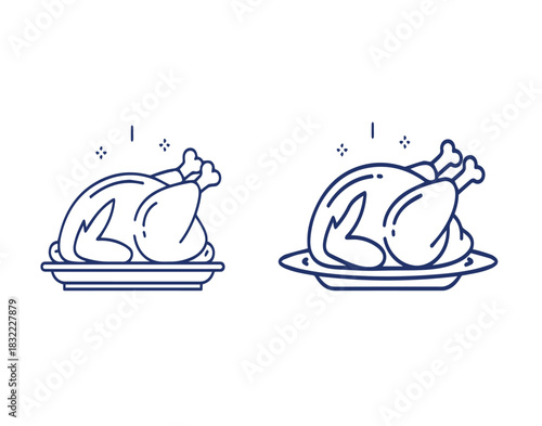 Simple line art illustrations of a roasted chicken on a platter, ready for serving.