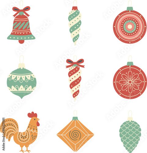 Christmas ornament icon set, festive decorative elements, holiday symbols and rooster illustration, seasonal graphic collection - flat vector illustration