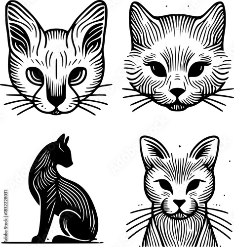 Mystical feline aesthetics in lines. A set of graphic portraits and cat silhouettes in an engraving style.Tattoo designs, clothing prints