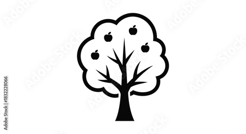 Stylized illustration of an apple tree with fruit showcasing a striking black silhouette