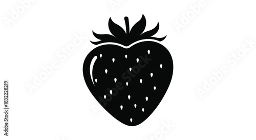 A striking black and white graphic of a vibrant strawberry design a bold silhouette