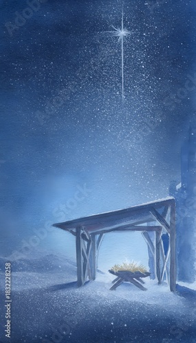 Serene winter nativity scene watercolor painting evokes spiritual calm and delicate starlight glow