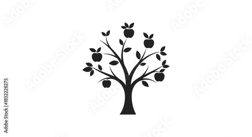 A simple black tree with apples and leaves a visually striking design silhouette