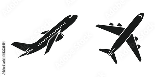Airplane icon set: two distinct aircraft symbols representing global travel and flight