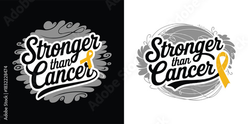 Stronger Than Cancer inspirational typography with awareness ribbon and decorative floral swirl elements