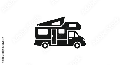 A simple black and white illustration of a recreational vehicle for travel and leisure silhouette