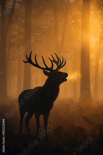 Majestic Red Deer Stag Silhouette in Misty Forest at Sunrise with Golden Fog. AI Generative.