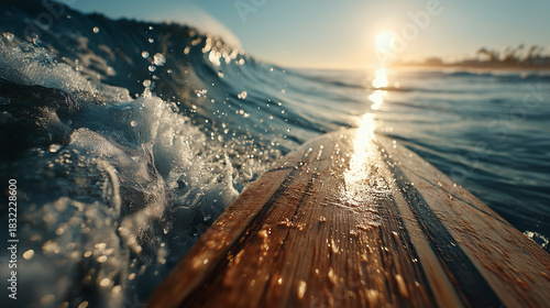 Fototapeta Naklejka Na Ścianę i Meble -  A surfboard riding a wave with the sun shining on the horizon at daytime