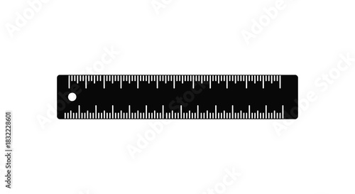 A stark black ruler with precise measurements and a small hole rendered as a silhouette