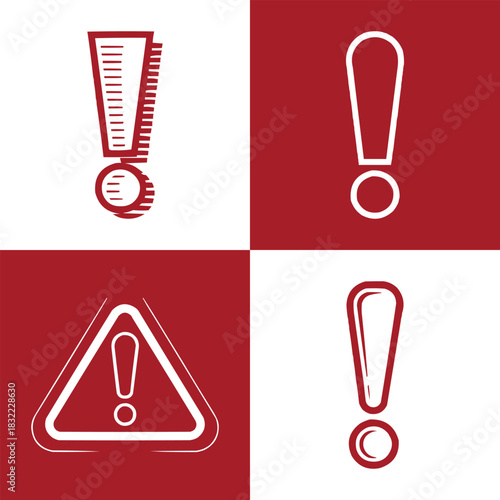 Red and white warning exclamation icons set with alert symbols and caution marks for safety and attention graphics