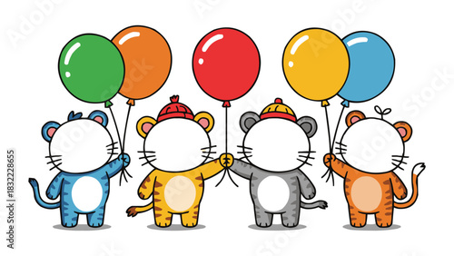 Cute cartoon tiger characters holding colourful balloons in a playful celebration scene