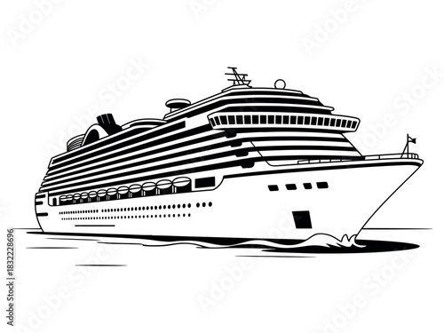 Illustration of a cruise ship with multiple decks and lifeboats on the water