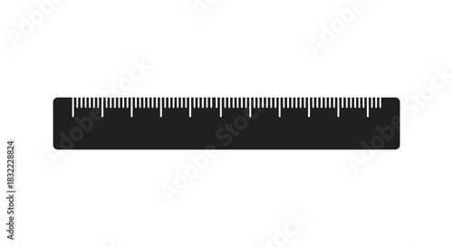 A black ruler with detailed metric markings displayed against a plain white background silhouette