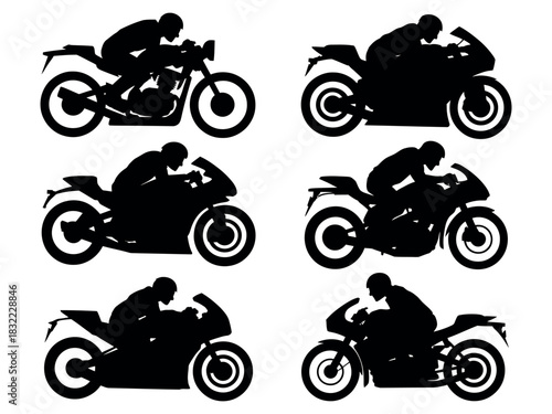 Silhouette illustrations of motorcyclists riding different types of motorcycles