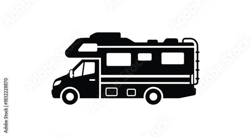 A simple black and white illustration of a recreational vehicle perfect for travel designs silhouette