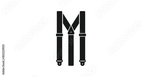 A striking black graphic depiction of suspenders forming the letter m a bold silhouette