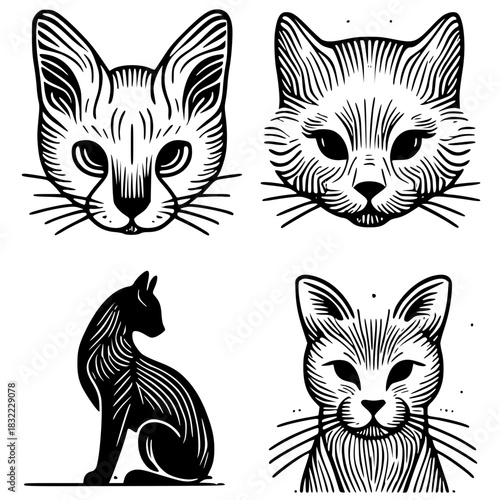Mystical feline aesthetics in lines. A set of graphic portraits and cat silhouettes in an engraving style.