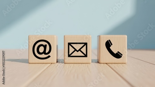 Contact us now! Wooden blocks displaying email, message, and phone icons for communication