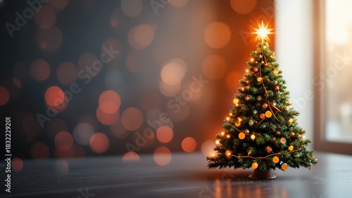 Decorated christmas tree with glowing star and warm bokeh lights on a dark background, festive holiday celebration photo