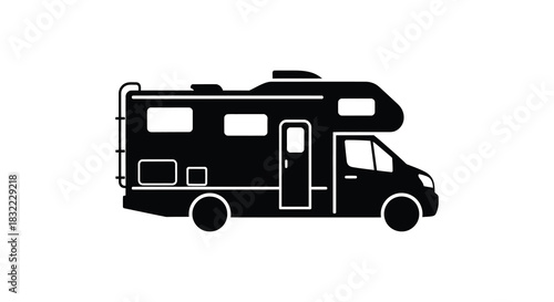 A striking black rv camper van graphic illustration detailed design modern travel and lifestyle silhouette