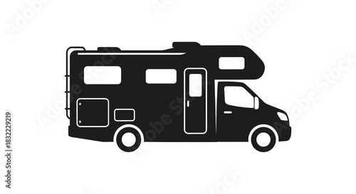 A detailed black and white illustration of a recreational vehicle prominently displayed as a silhouette