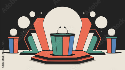 Modern stage podium with microphones and geometric shapes in bold colourful spotlight presentation scene