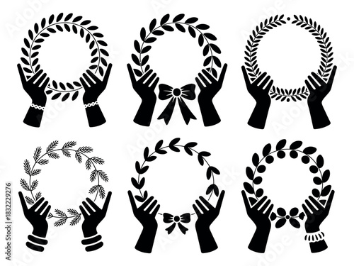 Black silhouette of hands holding wreaths with bows and bracelets on white background
