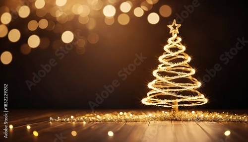 Glowing wire Christmas tree on dark background. Festive golden light bokeh creates elegant holiday atmosphere. Perfect for seasonal celebrations and winter cheer.