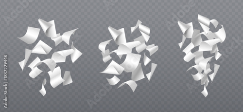 Pile of paper sheets falling down isolated on transparent background. Vector realistic illustration of many blank white pages flying in air, messy document stack, paperwork disorder before deadline