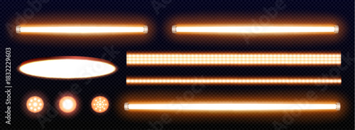 LED light strips and lamps set isolated on transparent background. Vector realistic illustration of warm yellow color spot and tube lights for interior illumination and decoration, glowing party decor