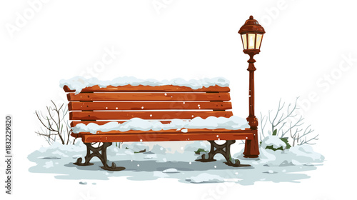 Vector illustration of a cozy street bench covered with snow isolated on a white background	
