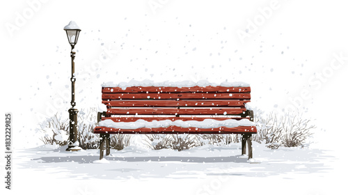 Vector illustration of a cozy street bench covered with snow isolated on a white background	
