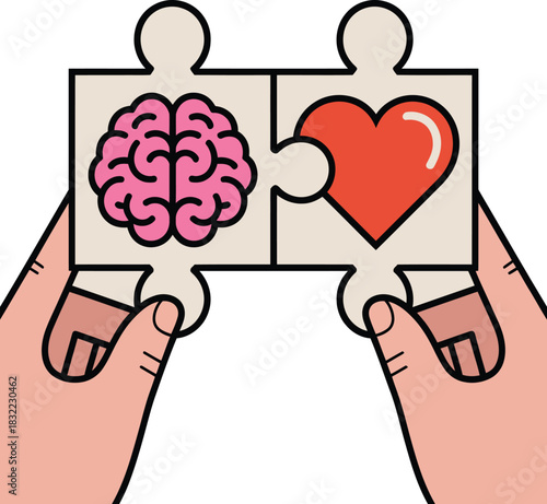 Mind and heart connection puzzle pieces held by hands matching