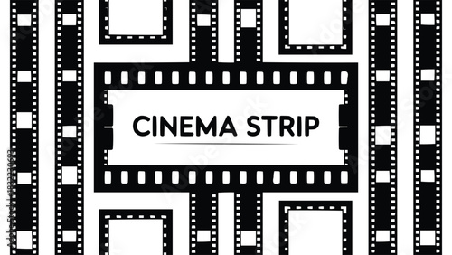 Cinema film strip frame illustration with vintage movie reel borders in black and white