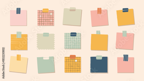 Set of colourful sticky notes with decorative tape in modern minimalist stationery collection