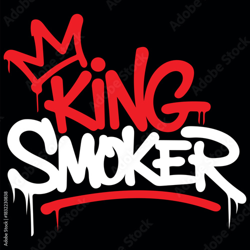 King smoker graffiti style text typography with crown in red and white on a black background design graphic