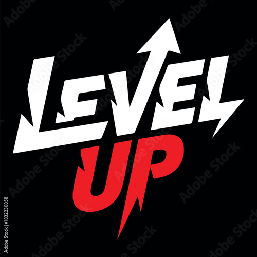 A level up typograpjy design with a white level and a red up on a black colored plain background
