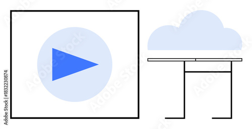 Blue play button within a square next to cloud and server table. Ideal for streaming, cloud computing, data management, technology, innovation, communication, simple flat metaphor